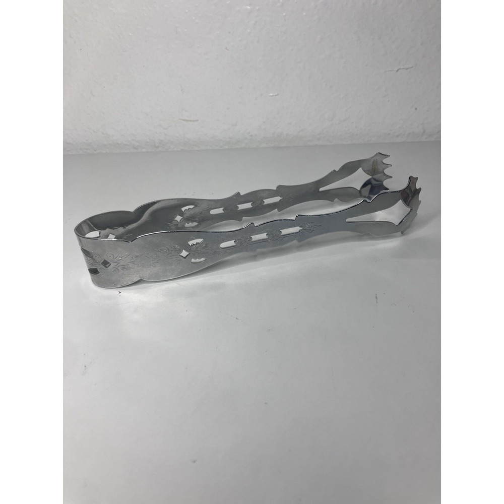 VTG Chrome Plated Pierced Serving Tongs Mid Century Retro Sugar Ice Cube Claw